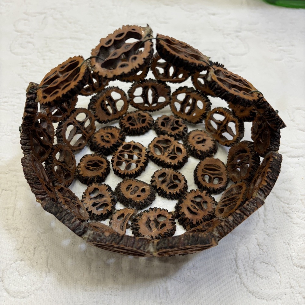 Folk Art - Sliced Walnut Shell Basket - Antique 1890s